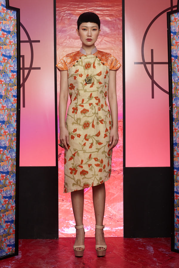 ORANGE FLORAL LINEN WITH SILVER SPANISH TAFFETA AND ORANGE LACE ON YOKE - ORANGE