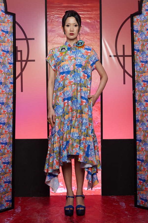 MALAYA PRINTED CREPE - SHIRT DRESS WITH 2 TIER GATHERED HEM - PRINT