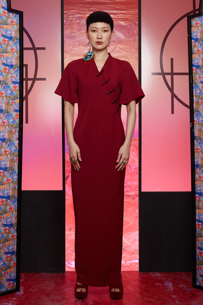 MAROON CREPE WITH BLACK CHINESE BUTTONS - BIAS CUT DRESS - MAROON