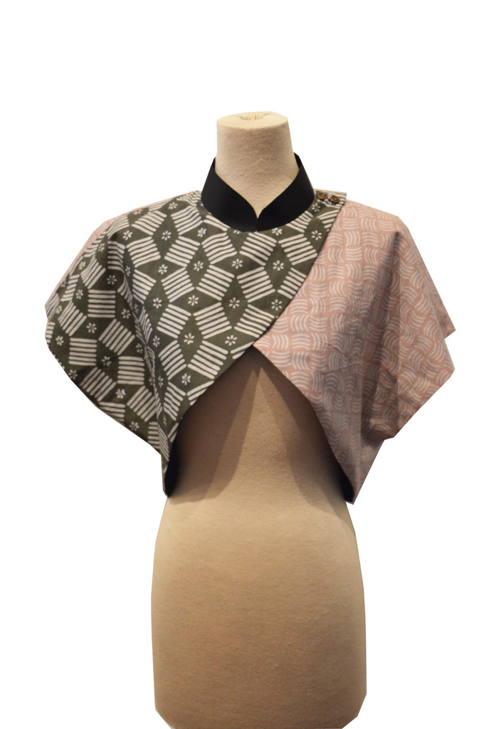 GREY SHELL AND GREY GEO BATIK WITH REVERSIBLE BLACK COTTON - REVERSIBLE BOLERO JACKET - MULTI