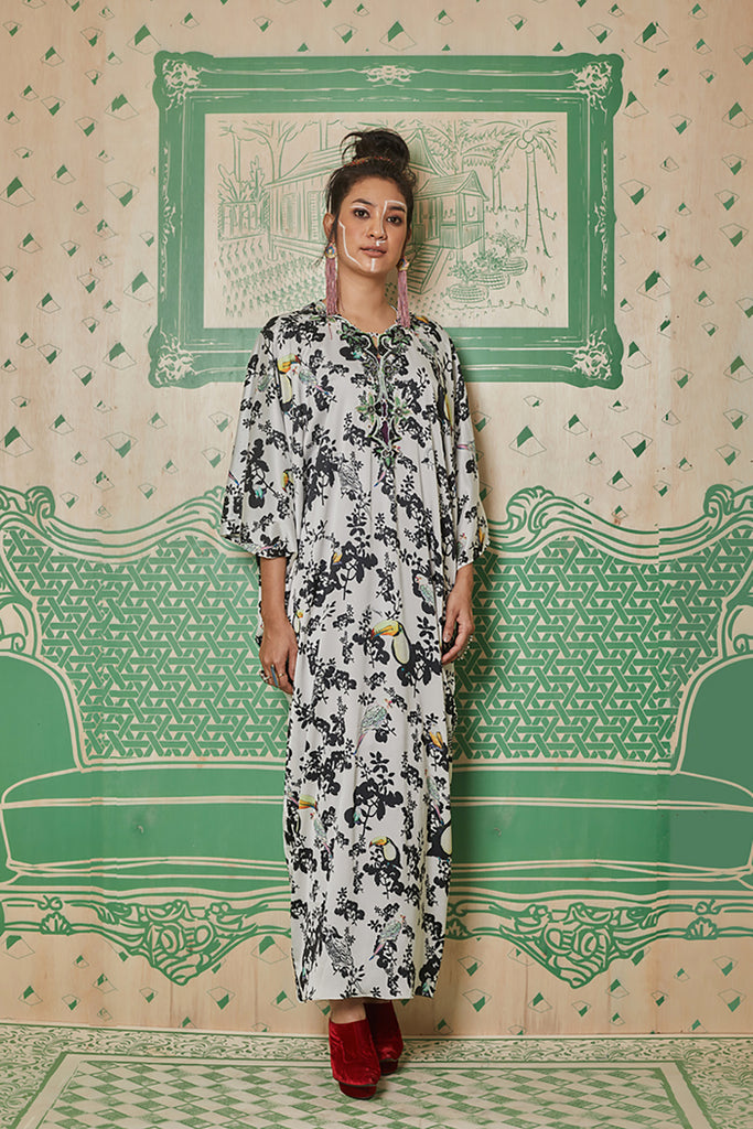 BLACK AND WHITE FLORAL CHIFFON WITH NECK EMBELLISHMENT KAFTAN AND INNER WHITE SATIN BIAS DRESS - KAFTAN WITH INNER LONG SLEEVE BIAS DRESS - MULTI