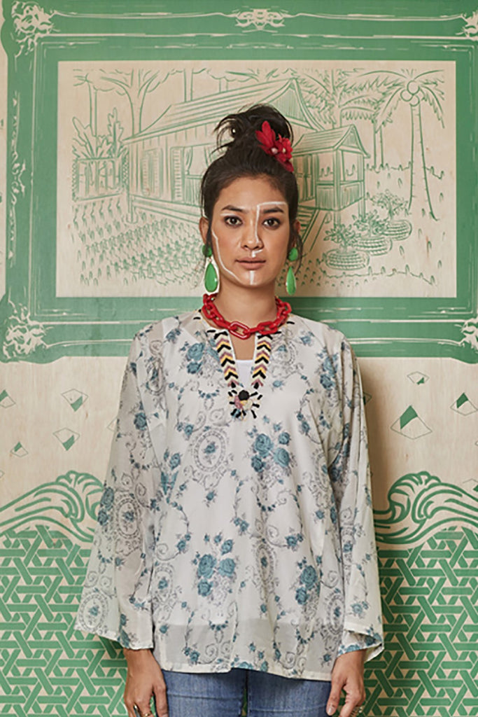 TEAL LACE WITH RIBBON AND BEADS EMBROIDERY BAJU KEDAH TOP - BAJU KEDAH TOP WITH INNER SINGLET - TEAL