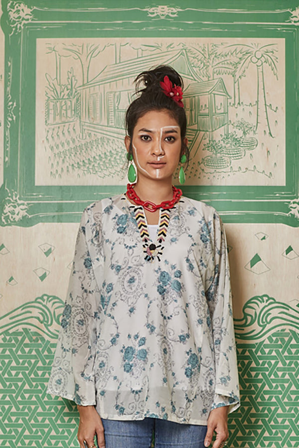 TEAL LACE WITH RIBBON AND BEADS EMBROIDERY BAJU KEDAH TOP - BAJU KEDAH TOP WITH INNER SINGLET - TEAL