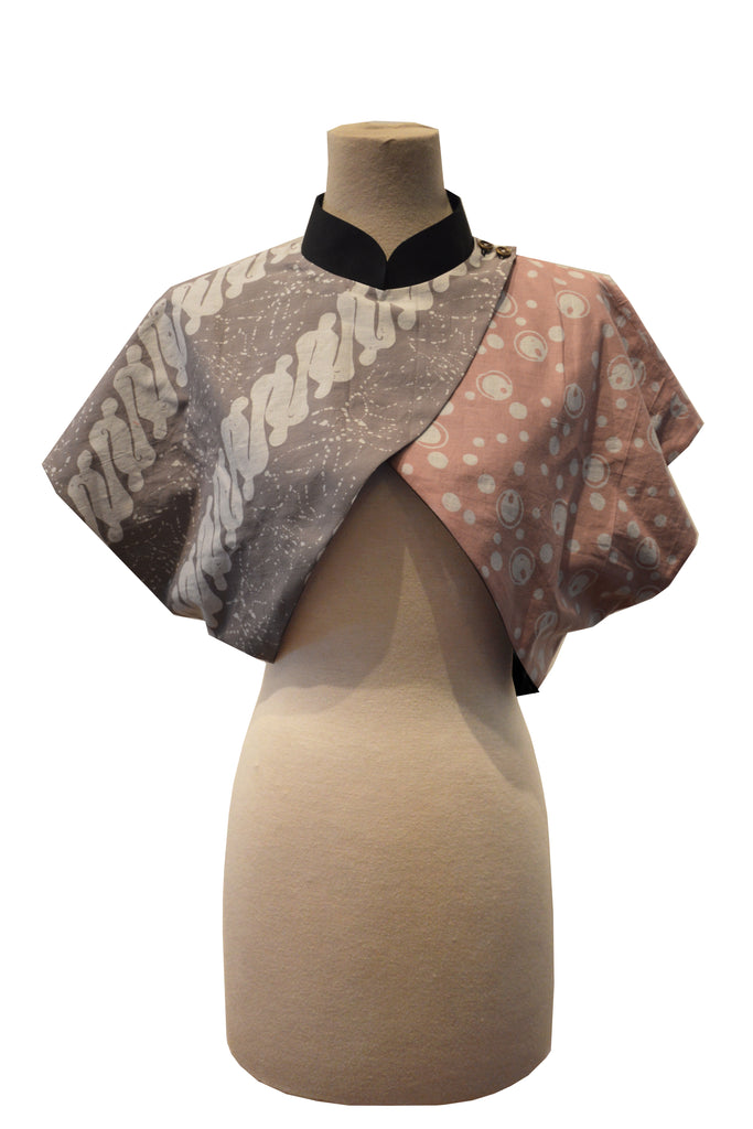 GREY SHELL AND NUDE COFFEE BEANS BATIK WITH REVERSIBLE BLACK COTTON - REVERSIBLE BOLERO JACKET - MULTI