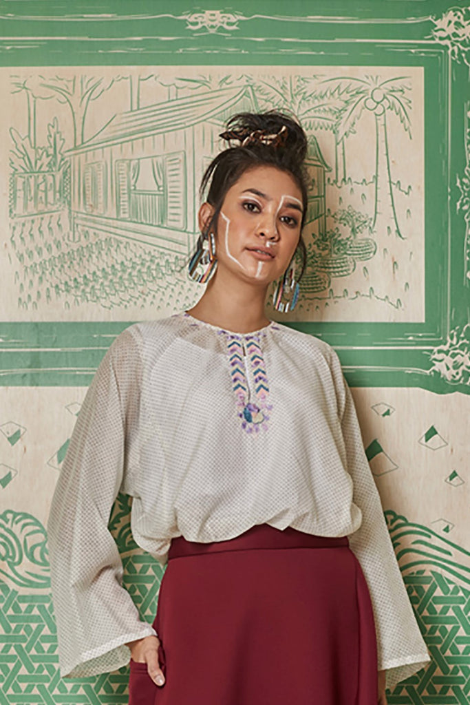 IVORY POLKA DOT SOFT COTTON AND BEADS EMBROIDERY BAJU KEDAH TOP - BAJU KEDAH TOP WITH INNER SINGLET - IVORY