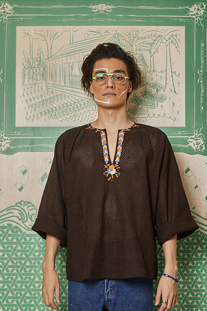 BLACK LACE WITH RIBBON AND BEADS EMBROIDERY BAJU KEDAH TOP - BAJU KEDAH TOP WITH INNER SINGLET - BLACK