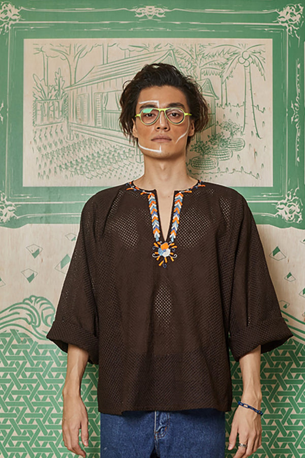 BLACK LACE WITH RIBBON AND BEADS EMBROIDERY BAJU KEDAH TOP - BAJU KEDAH TOP WITH INNER SINGLET - BLACK