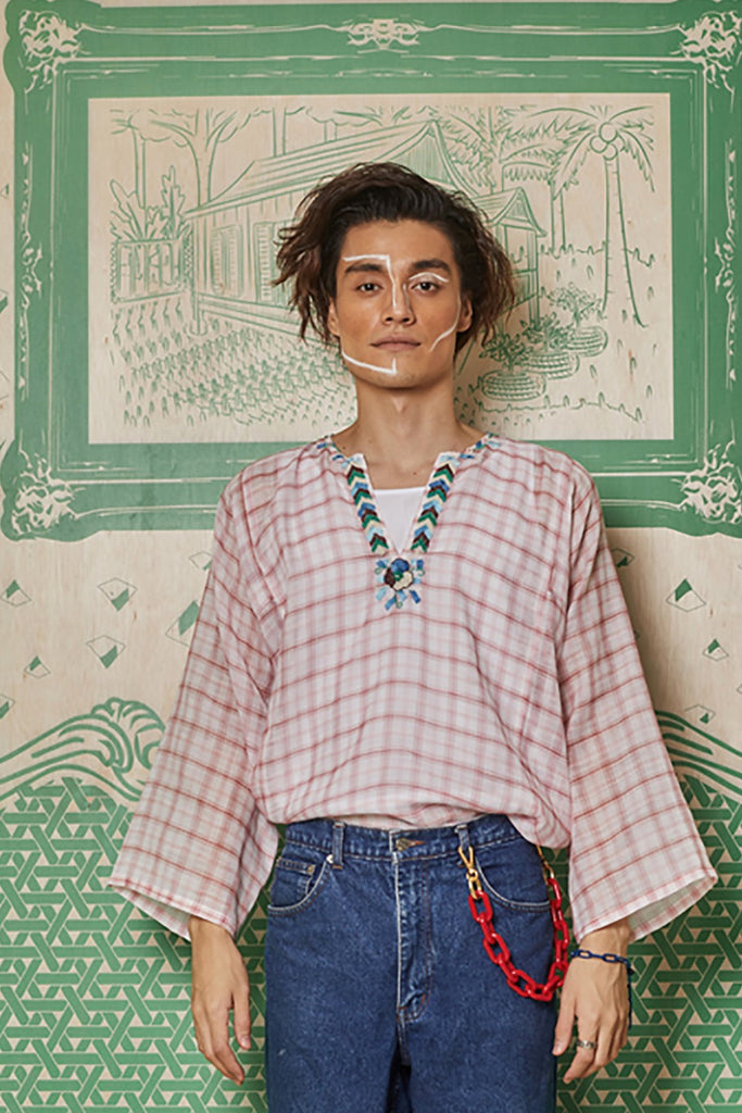 PINK CHECKS WITH RIBBON AND BEADS EMBROIDERY BAJU KEDAH TOP - BAJU KEDAH TOP WITH INNER SINGLET - LIGHT PINK
