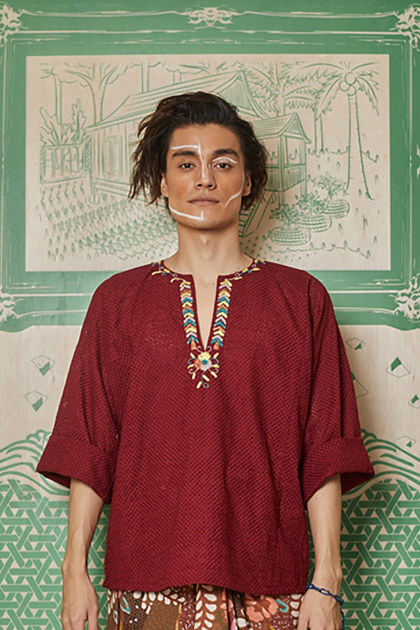 MAROON LACE WITH RIBBON AND BEADS EMBROIDERY BAJU KEDAH TOP - BAJU KEDAH TOP WITH INNER SINGLET MAROON