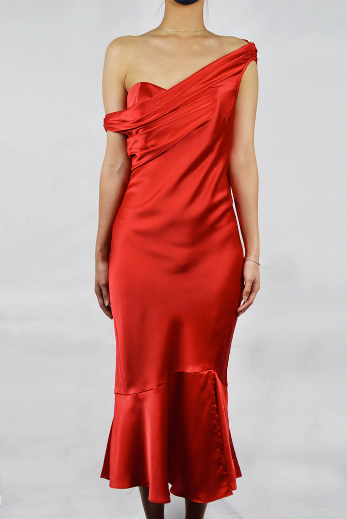 Pre-Order RED SPANISH SATIN - BIAS CUT DRESS WITH ADJUSTABLE COWL NECK AND BUSTIER - RED