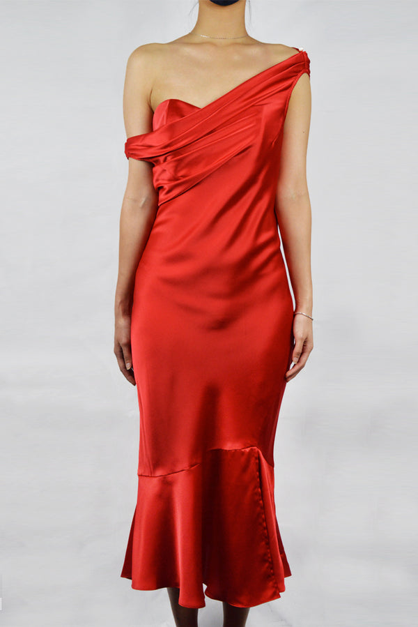 Pre-Order RED SPANISH SATIN - BIAS CUT DRESS WITH ADJUSTABLE COWL NECK AND BUSTIER - RED
