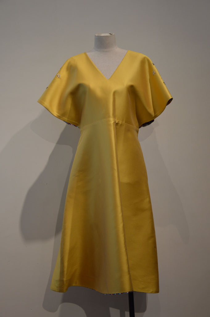 MUSTARD TAFFETA - CAPE SLEEVE REVERSIBLE A LINE DRESS - MUSTARD - M