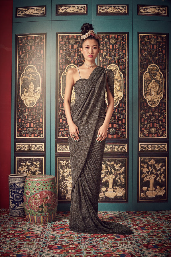 GUN METAL PLEATS WITH SILVER TAFFETA LINING - SINGLET GOWN - SILVER - Melinda Looi - Official Website