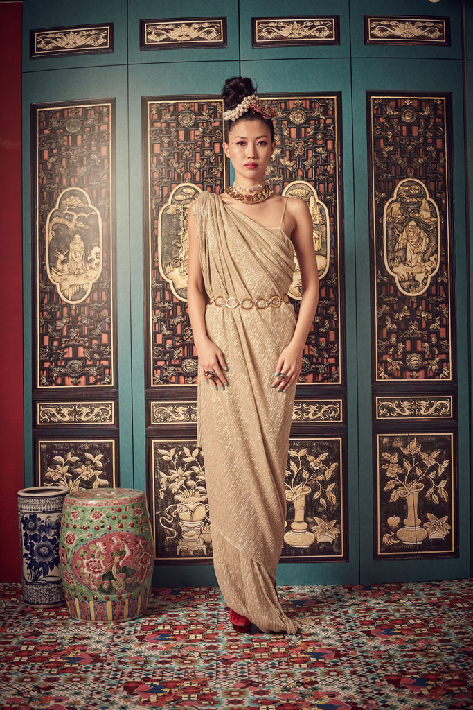 CREAM PLEATS WITH SILVER TAFFETA LINING - SINGLET GOWN - CREAM - Melinda Looi - Official Website