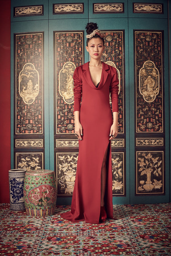 DARK RED NEOPRENE - DRAPED COLLAR BIAS CUT GOWN - MAROON - Melinda Looi - Official Website