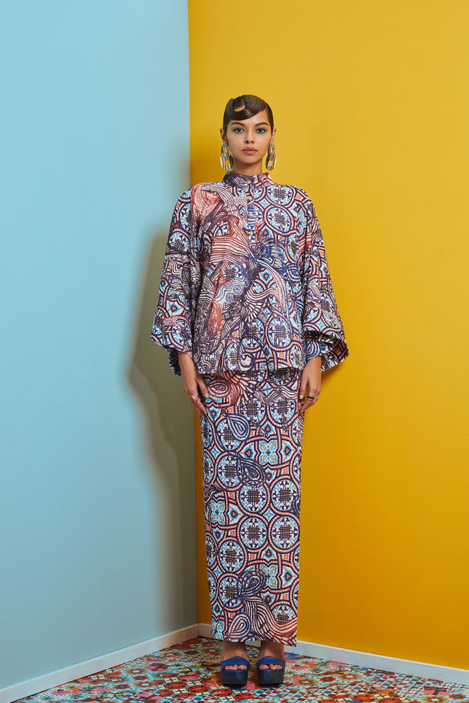 MOROCCAN TILES PRINT - KIMONO SLEEVE TOP AND WRAP SKIRT - kurung moden