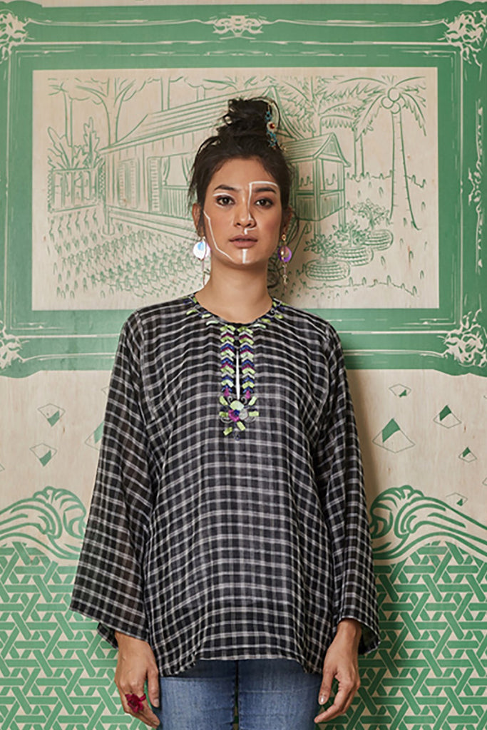 BLACK CHECKS WITH RIBBON AND BEADS EMBROIDERY BAJU KEDAH TOP - BAJU KEDAH TOP WITH INNER SINGLET - LIGHT BLACK