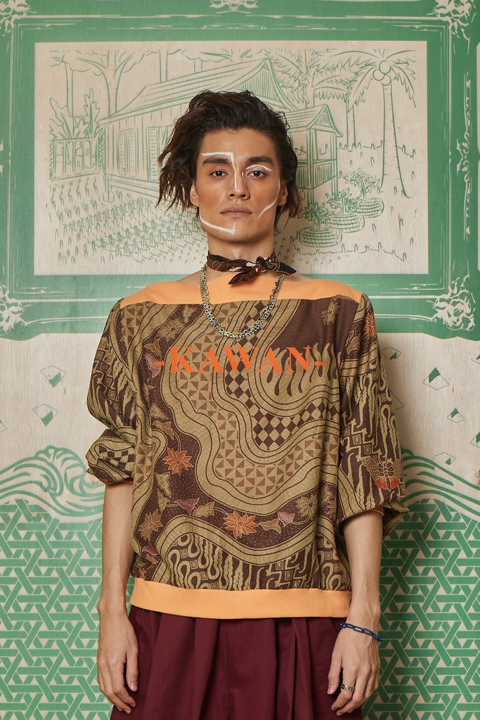 BROWN BATIK WITH 'KAWAN' ORANGE SILK SCREEN PRINT AND ORANGE RIB KNIT - JUMPER WITH HEM RIB KNIT - ORANGE