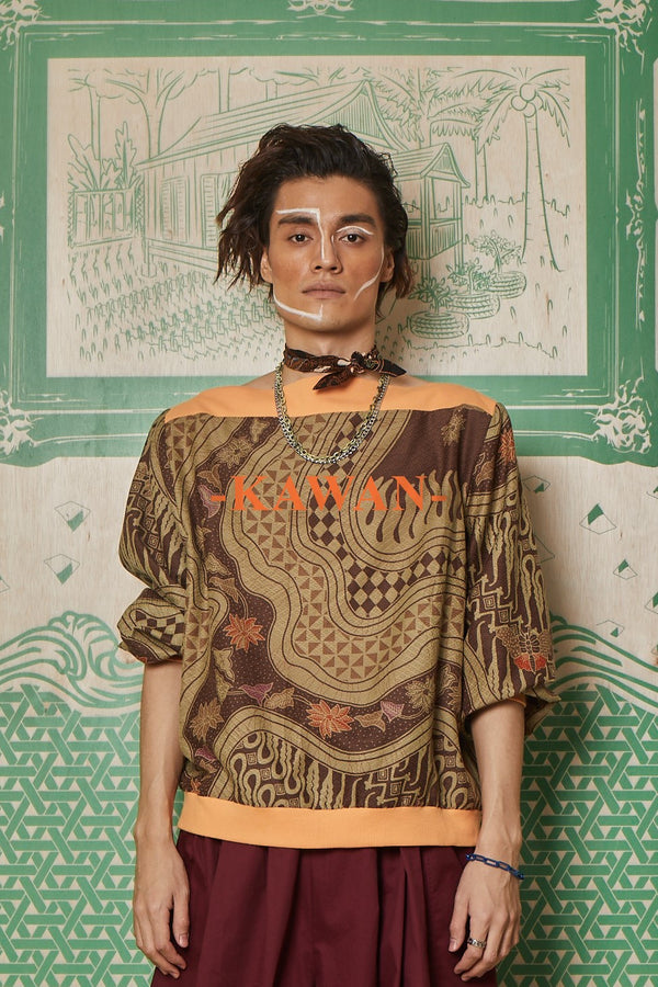 BROWN BATIK WITH 'KAWAN' ORANGE SILK SCREEN PRINT AND ORANGE RIB KNIT - JUMPER WITH HEM RIB KNIT - ORANGE