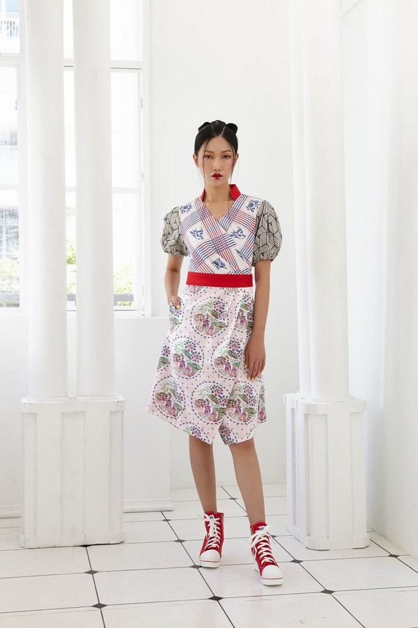 Pre-Order MIX BATIK, YUANYANG PRINTED AND RED COTTON REVERSIBLE WRAP DRESS WITH PUFF SLEEVES - MULTI
