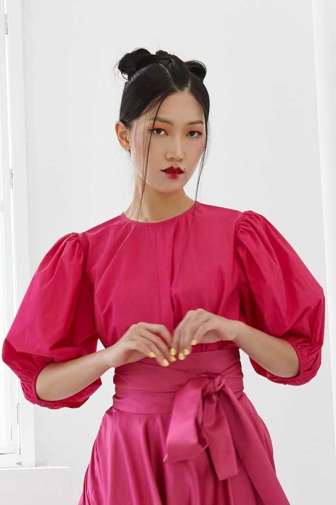 Pre-Order HOT PINK COTTON - OVERSIZED FLARE TOP WITH GATHERED SLEEVE AND BELT - FUCHSIA