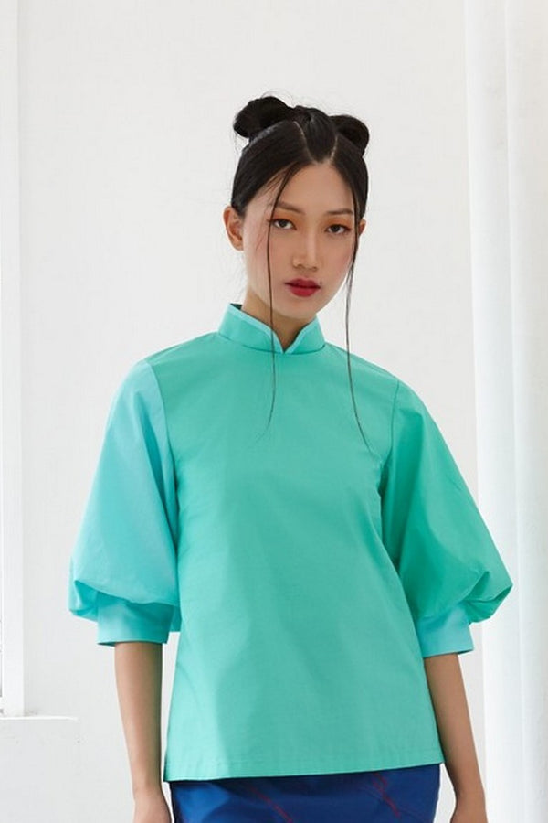 Pre-Order TEAL AND GREEN COTTON - TOP WITH ELBOW BISHOP SLEEVE AND MANDARIN COLLAR - TEAL