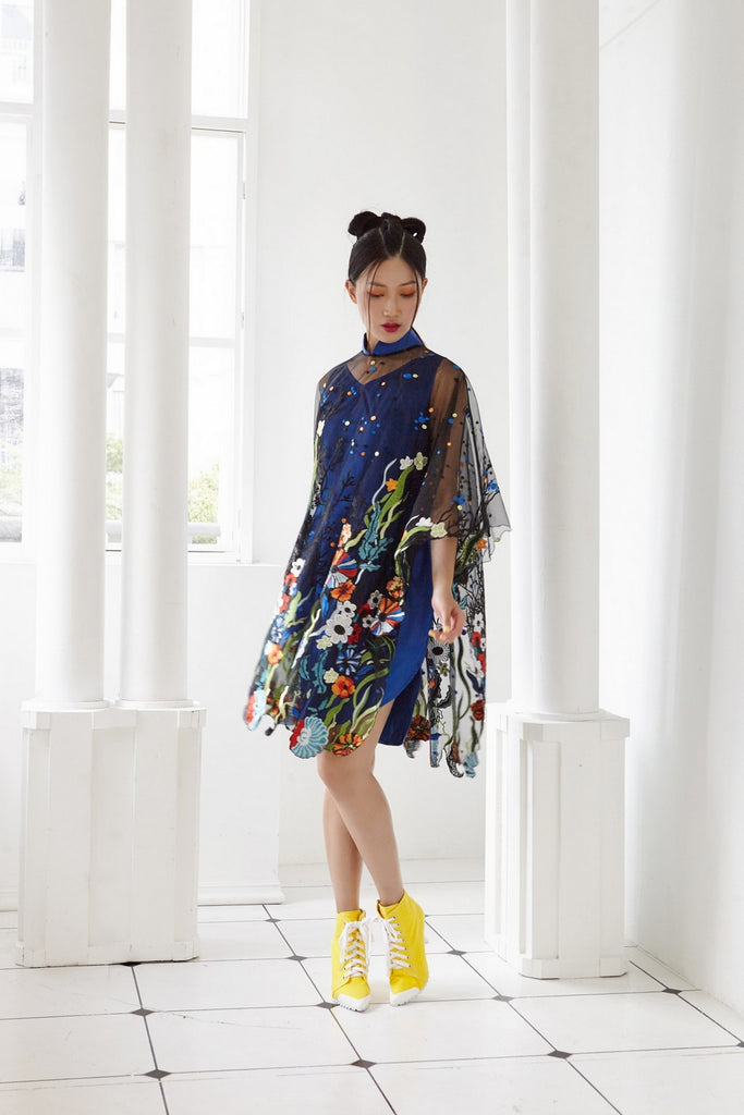 Pre-Order BLACK EMBROIDED TULLE WITH BLUE SATIN SILK - PONCHO WITH DETACHABLE MANDARIN COLLAR AND INNER BIAS DRESS - BLUE