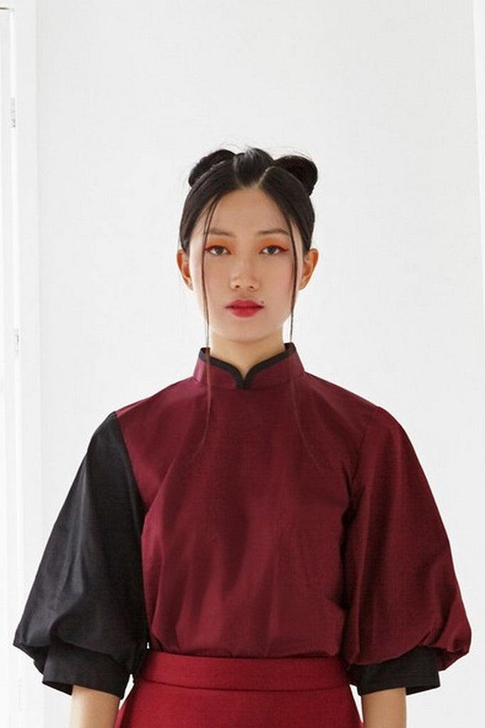 Pre-Order MAROON AND BLACK COTTON - TOP WITH ELBOW BISHOP SLEEVE AND MANDARIN COLLAR - BLACK