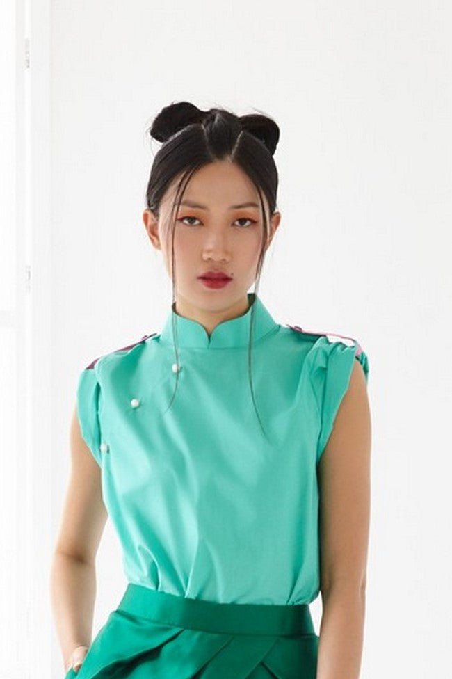 Pre-Order GREEN COTTON WITH PINK COTTON SHOULDER FLAP - MANDARIN COLLAR TOP WITH SHOULDER FLAP - GREEN