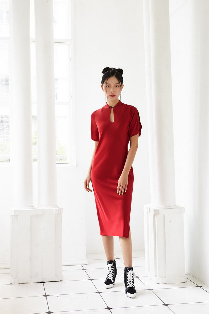 Pre-Order MAROON SATIN SILK WITH PRECIOUS STONE ON SLEEVE SLIT BIAS CUT DRESS WITH KEY HOLE OPENING AND SLEEVE SLIT - MAROON