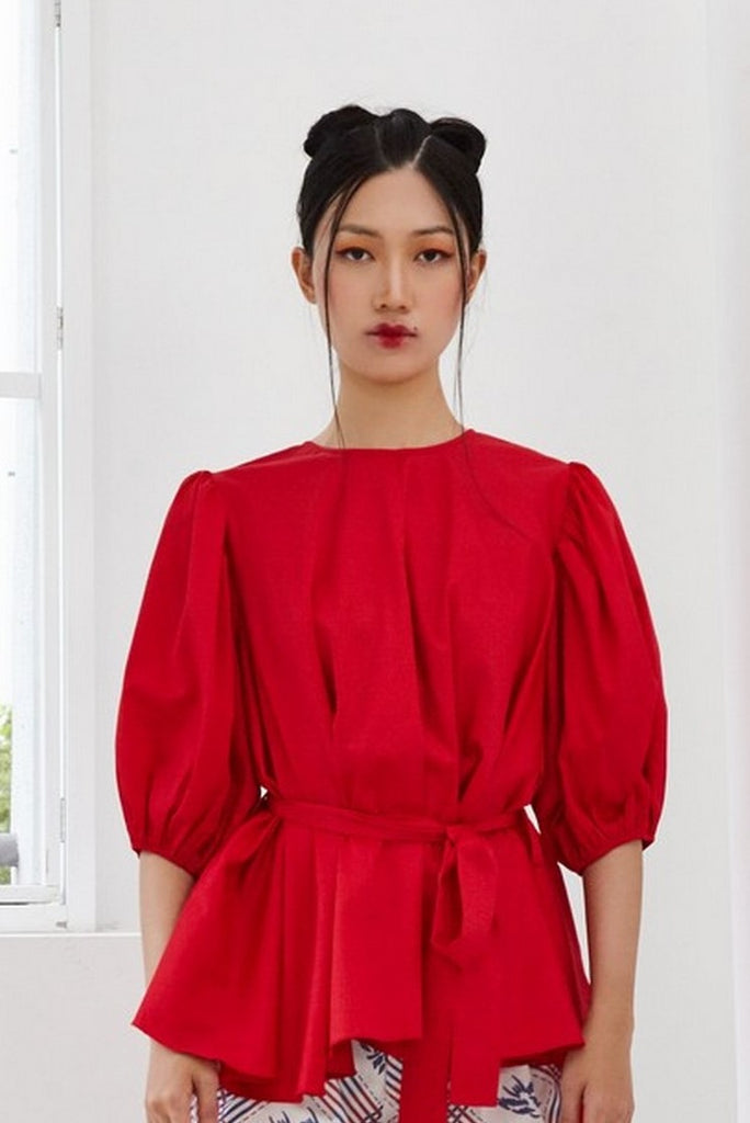 Pre-Order RED COTTON - OVERSIZED FLARE TOP WITH GATHERED SLEEVE AND BELT - RED