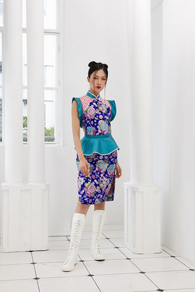 Pre-Order BLUE FLORAL BROCADE WITH DETACHABLE TEAL TAFFETA PEPLUM AND RUFFLE SLEEVE - CHEONGSAM - TEAL
