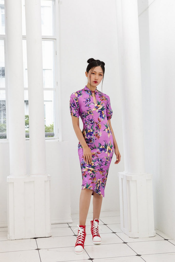 Pre- Order LILAC FLORAL ITALIAN SATIN WITH PRECIOUS STONE ON SLEEVE SLIT BIAS CUT DRESS WITH KEY HOLE OPENING AND SLEEVE SLIT - LILAC