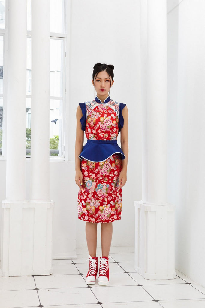 Pre-Order RED FLORAL BROCADE WITH DETACHABLE BLUE TAFFETA PEPLUM AND RUFFLE SLEEVE - CHEONGSAM - BLUE