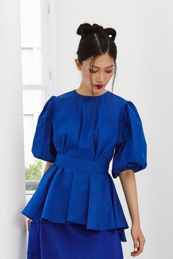 Pre-Order ROYAL BLUE COTTON - OVERSIZED FLARE TOP WITH GATHERED SLEEVE AND BELT - BLUE