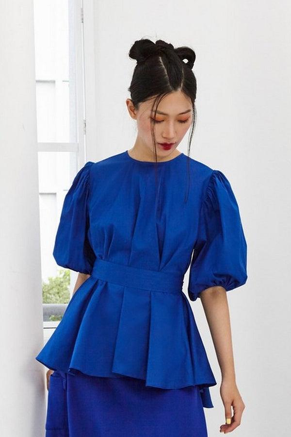 Pre-Order ROYAL BLUE COTTON - OVERSIZED FLARE TOP WITH GATHERED SLEEVE AND BELT - BLUE