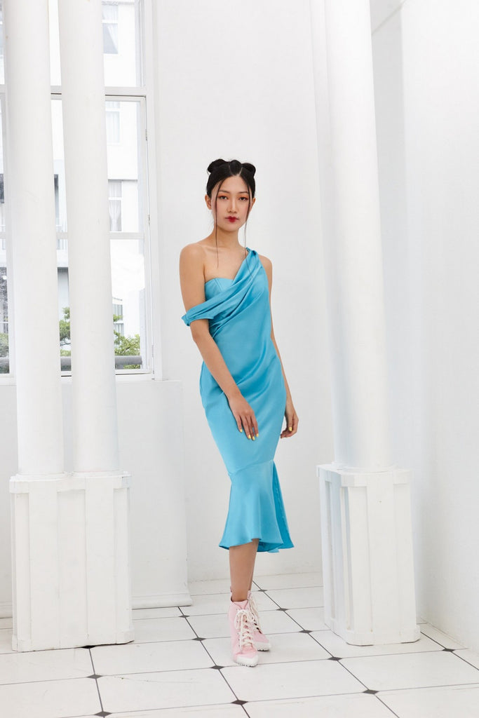 Pre-Order TURQUOISE SPANISH SATIN - BIAS CUT DRESS WITH ADJUSTABLE COWL NECK AND BUSTIER - TURQUOISE