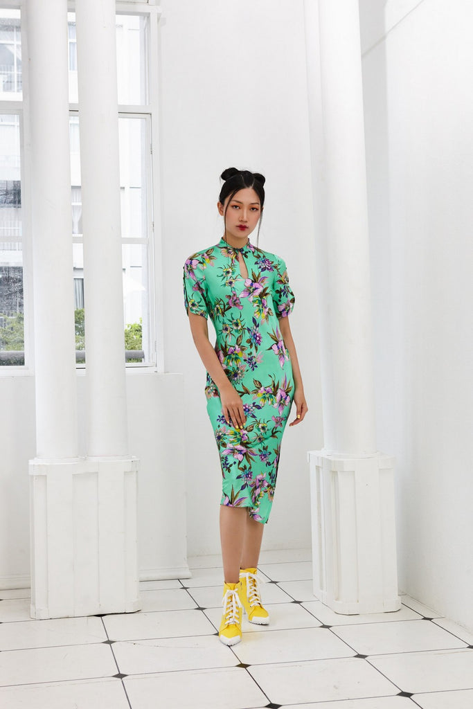 Pre-Order LIME GREEN FLORAL ITALIAN SATIN WITH PRECIOUS STONE ON SLEEVE SLIT BIAS CUT DRESS WITH KEY HOLE OPENING AND SLEEVE SLIT - LIME GREEN