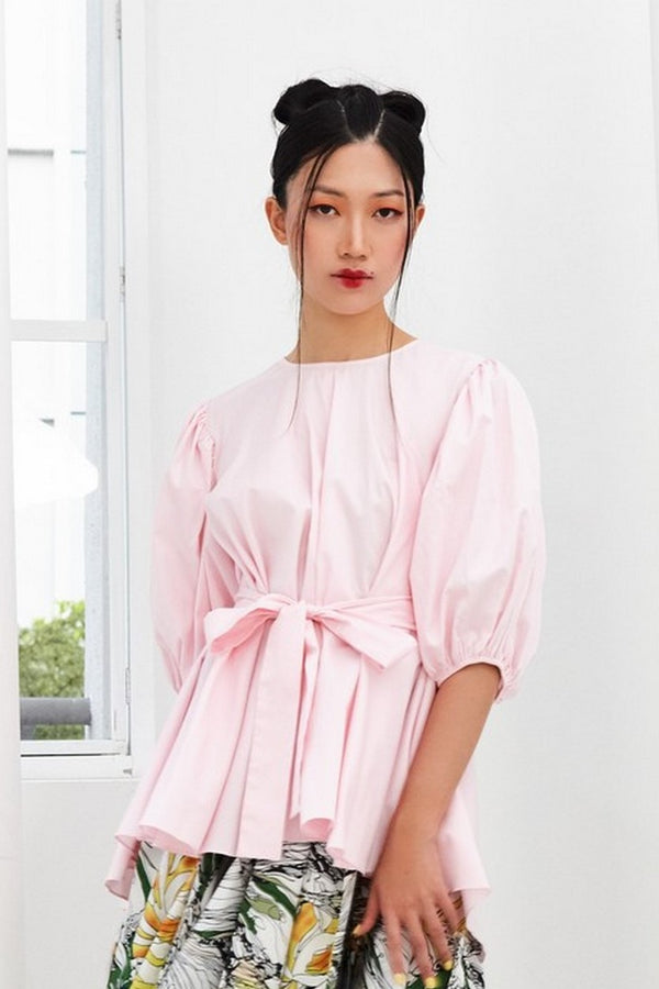 Pre-Order LIGHT PINK COTTON - OVERSIZED FLARE TOP WITH GATHERED SLEEVE AND BELT - LIGHT PINK