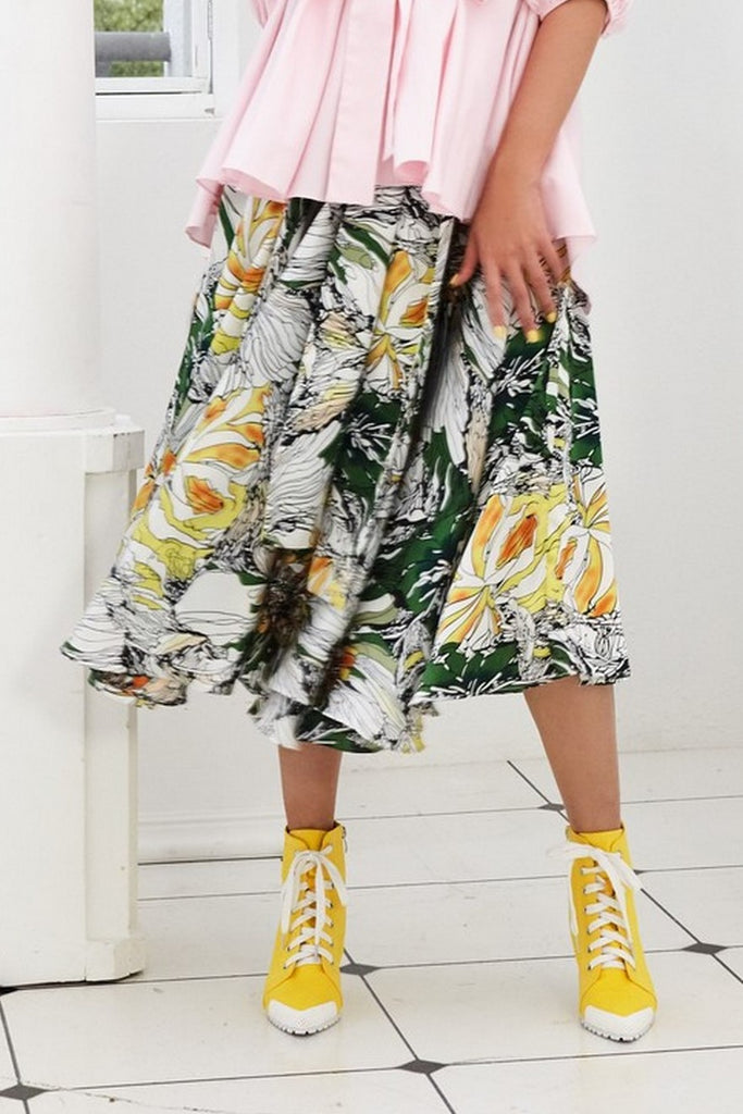 Pre-Order GREEN, BLACK AND YELLOW FLORAL PRINTED POLY SATIN - WRAP SKIRT - MULTI