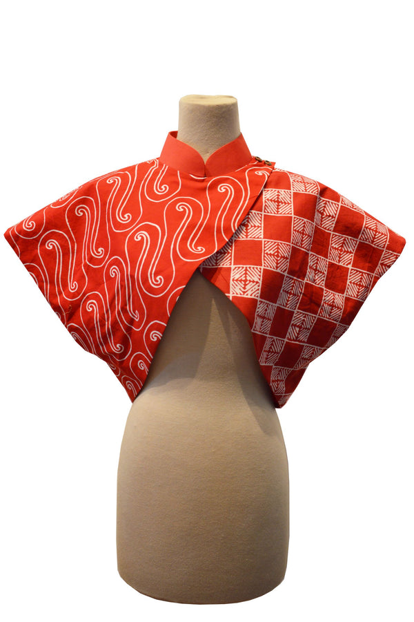 RED SWIRL MOTIVE AND RED CUBES BATIK WITH REVERSIBLE RED COTTON - REVERSIBLE BOLERO JACKET - MULTI