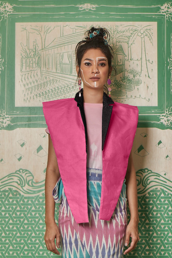 REVERSIBLE PINK TAFFETA - REVERSE SIDE IN BLACK TWILL - TAILORED COLLAR BLAZER VEST - PINK